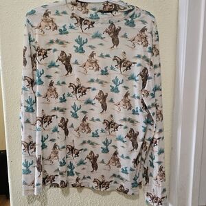 Western Print Mesh Long Sleeve Top